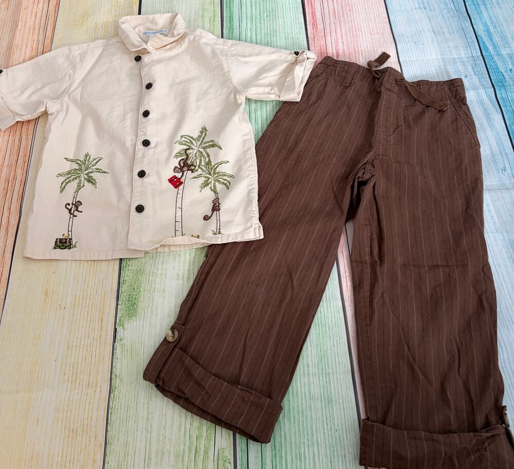 Janie and Jack Y2K World Traveler Set 5T/6 Boys Linen Monkey Embroidered Outfit